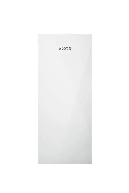 Weiße Platte mit reflektierender Oberfläche und dem Markennamen AXOR, die schlicht und funktional wirkt.